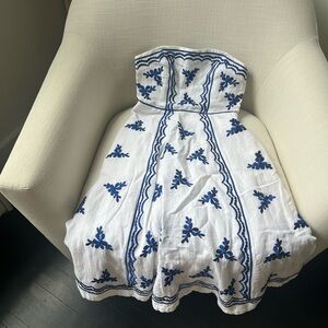Anthropologie White Strapless Dress with Blue Floral Embroidery